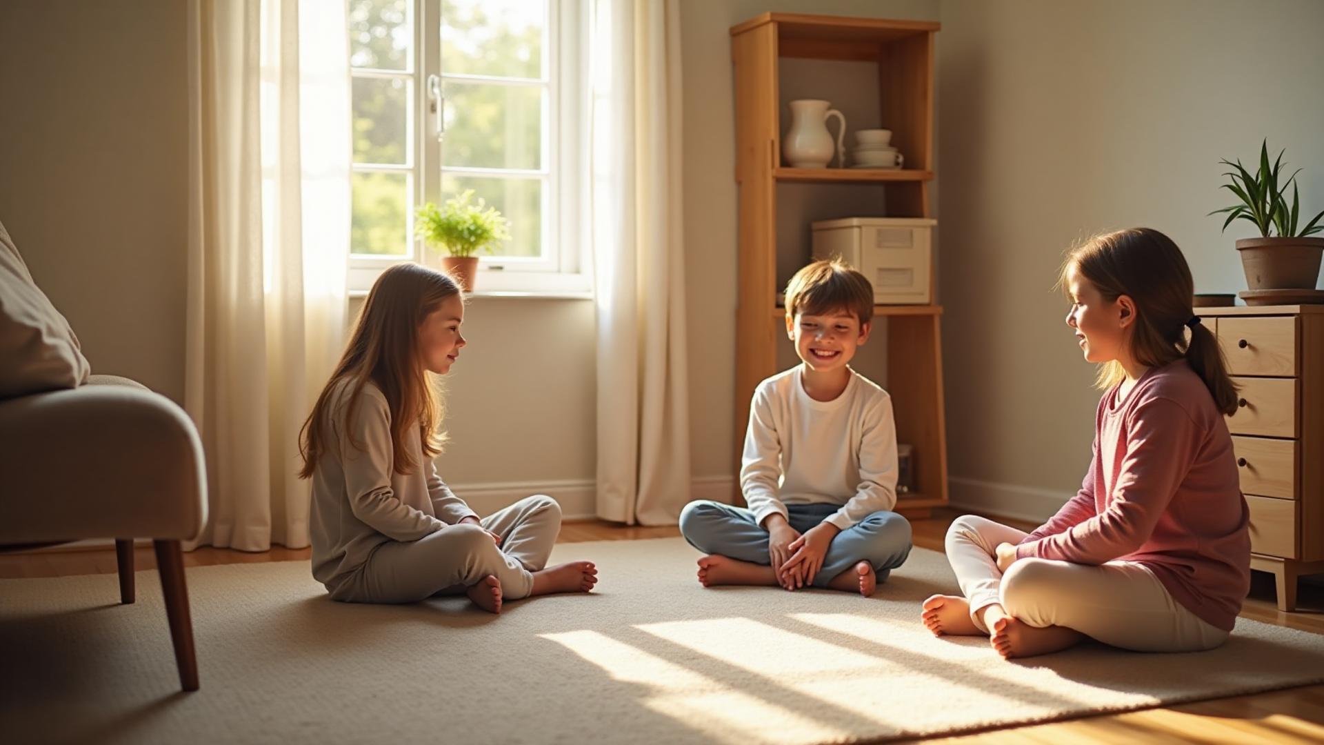 Kinderen in rustige, georganiseerde therapie ruimte met natuurlijke elementen